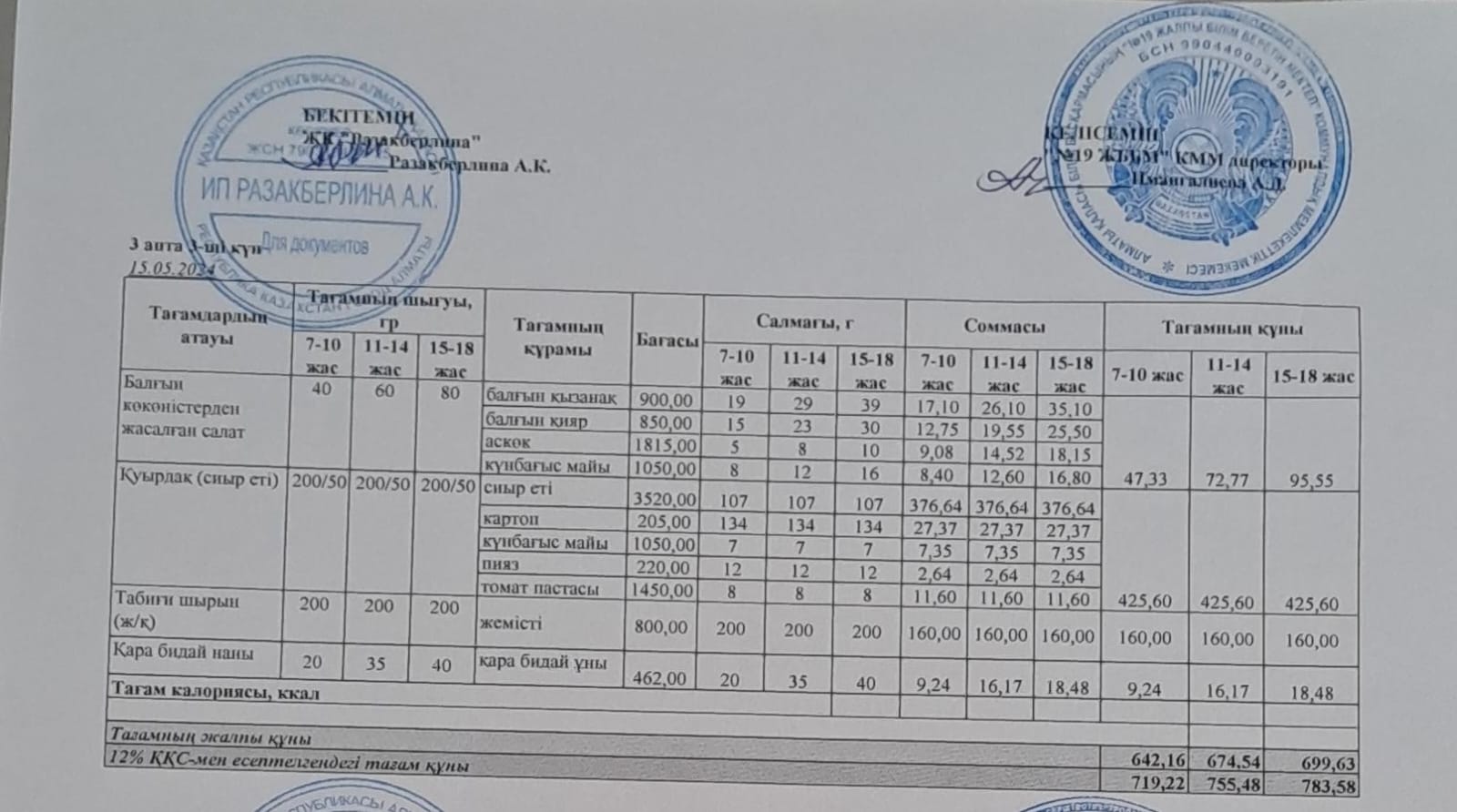 Күнделікті тегін тамақтану мәзірі (15.05.2024)