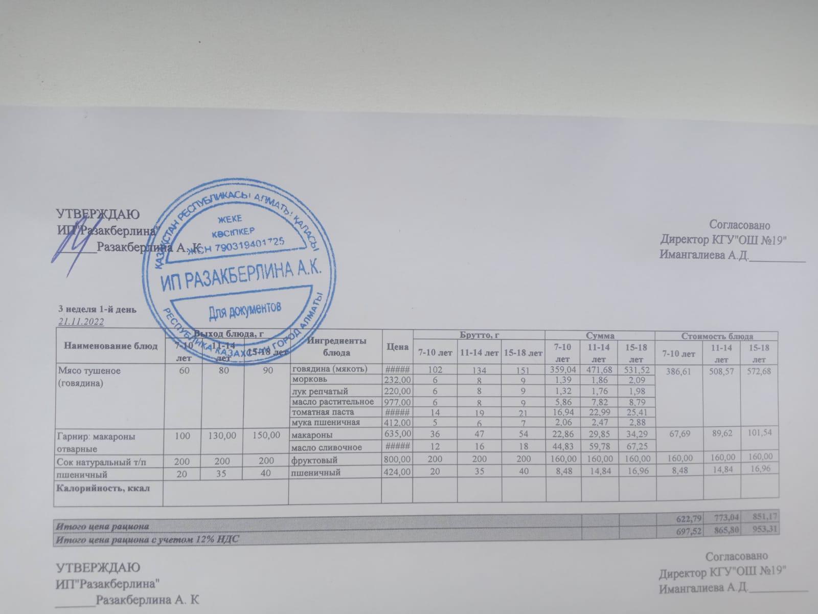 Күнделікті тегін тамақтану мәзірі (21.11.2022)/Ежедневное меню бесплатного питания (21.11.2022)