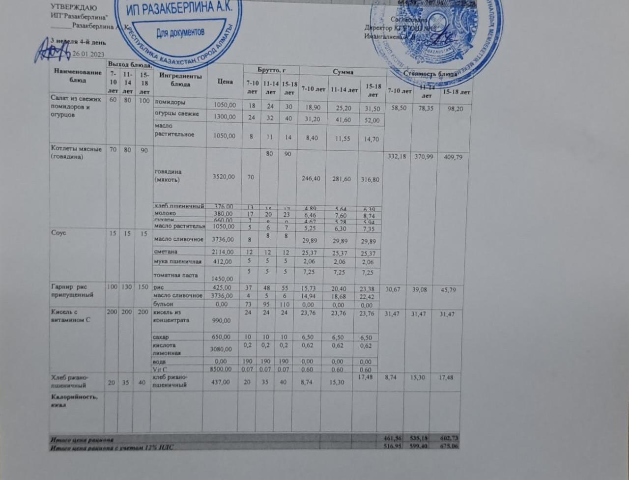 Күнделікті тегін тамақтану мәзірі (26.01.2023)/Ежедневное меню бесплатного питания (26.01.2023)