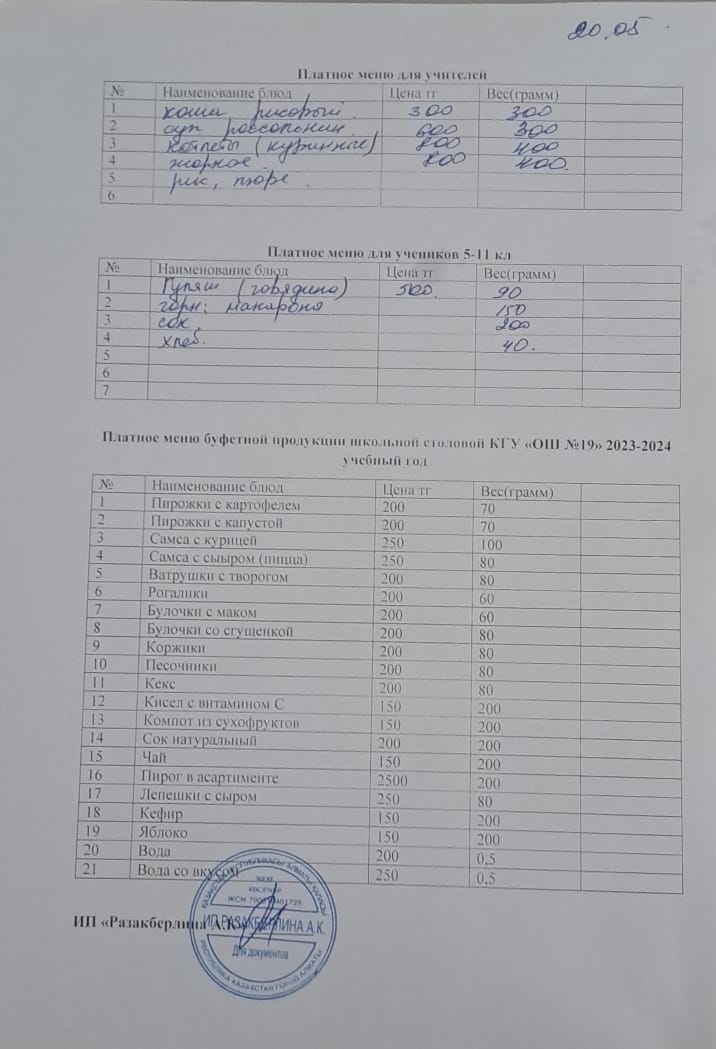 Күнделікті ақылы тамақтану мәзірі (20.05.2024)