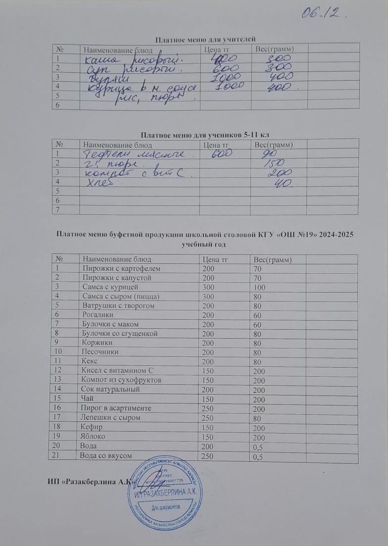 Күнделікті ақылы тамақтану мәзірі (06.12.2024)