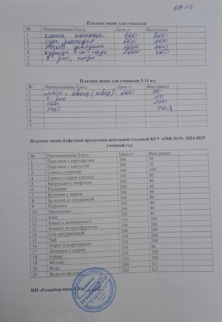 Күнделікті ақылы тамақтану мәзірі (09.12.2024)