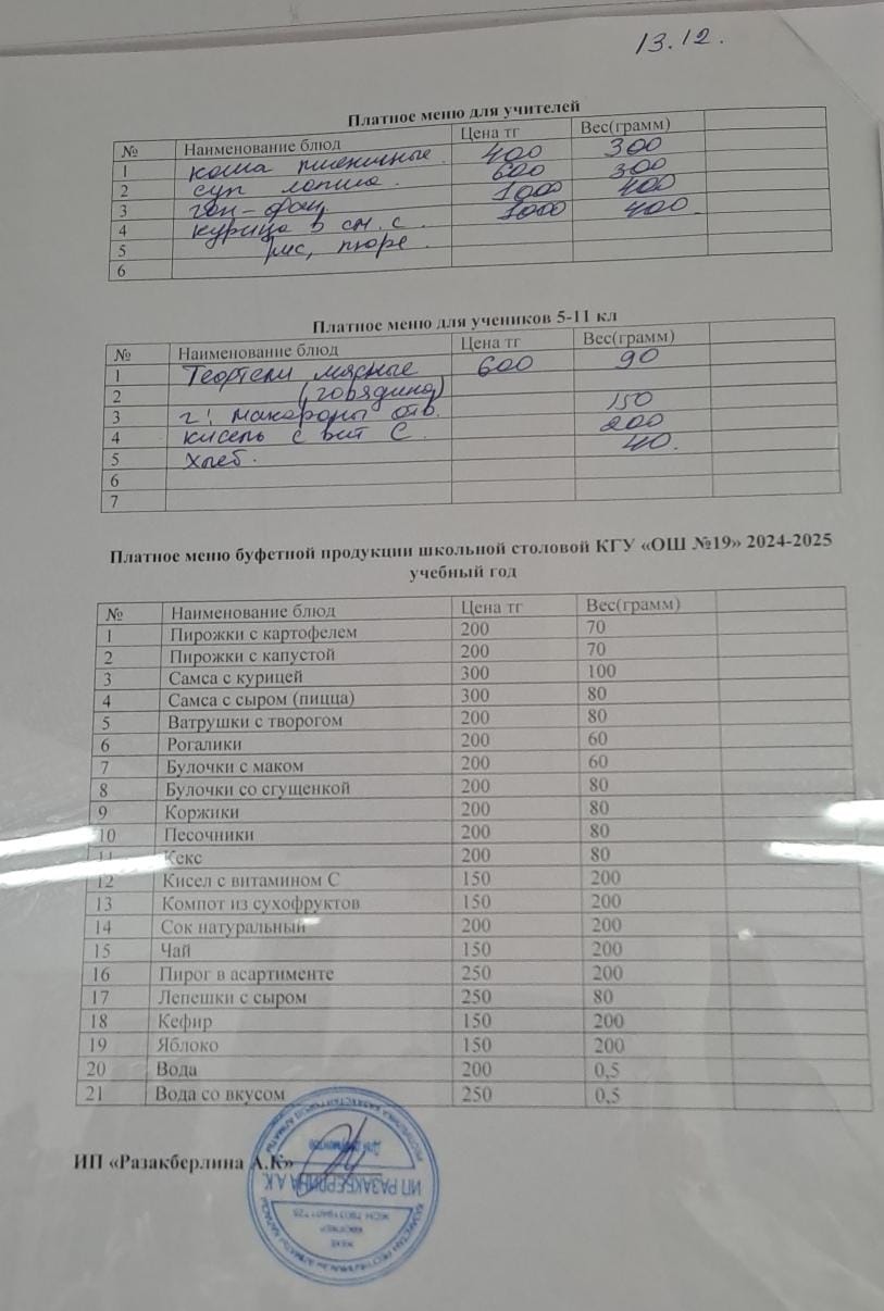 Күнделікті ақылы тамақтану мәзірі (13.12.2024)