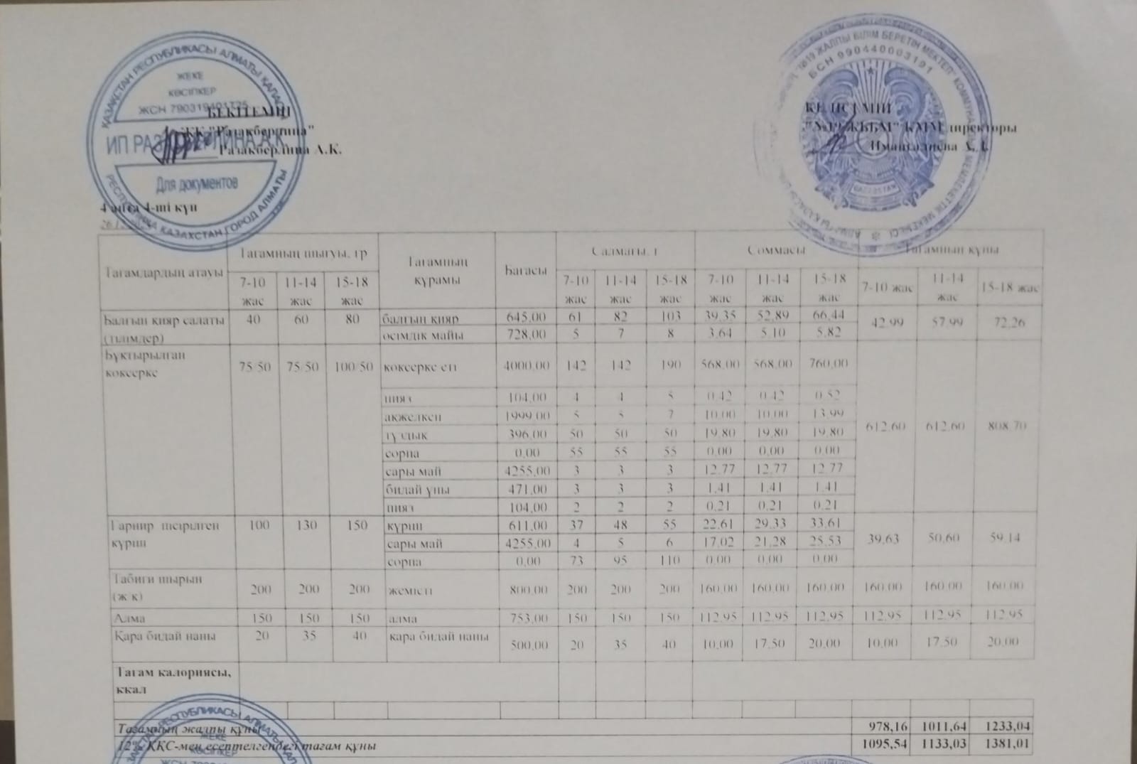 Күнделікті тегін тамақтану мәзірі (26.12.2024)
