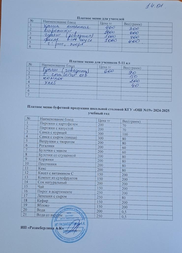 Күнделікті ақылы тамақтану мәзірі (14.01.2025)