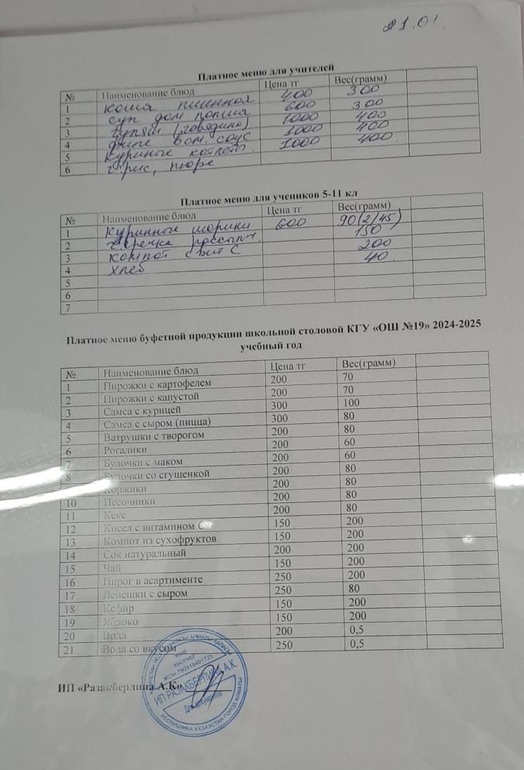 Күнделікті ақылы тамақтану мәзірі (21.01.2025)