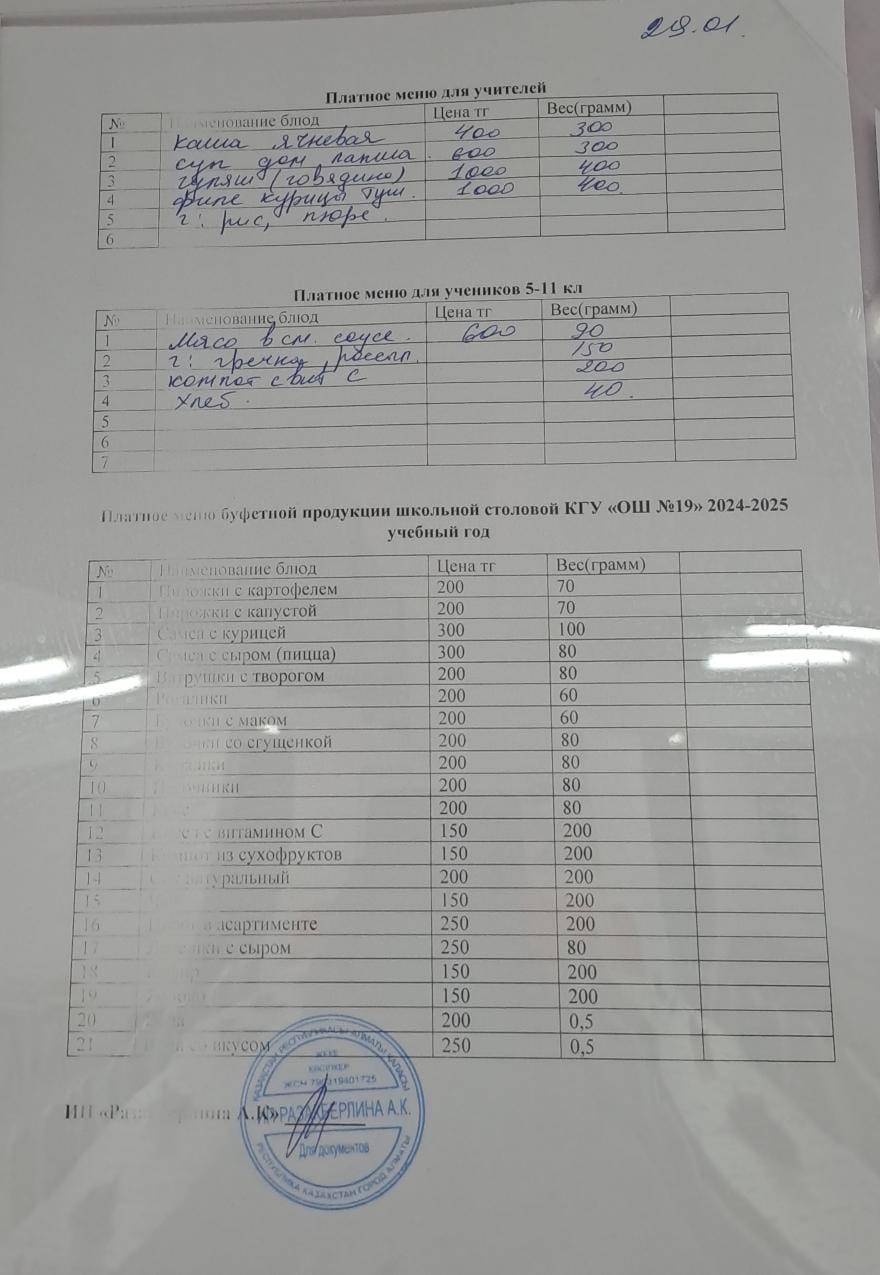 Күнделікті ақылы тамақтану мәзірі (29.01.2025)