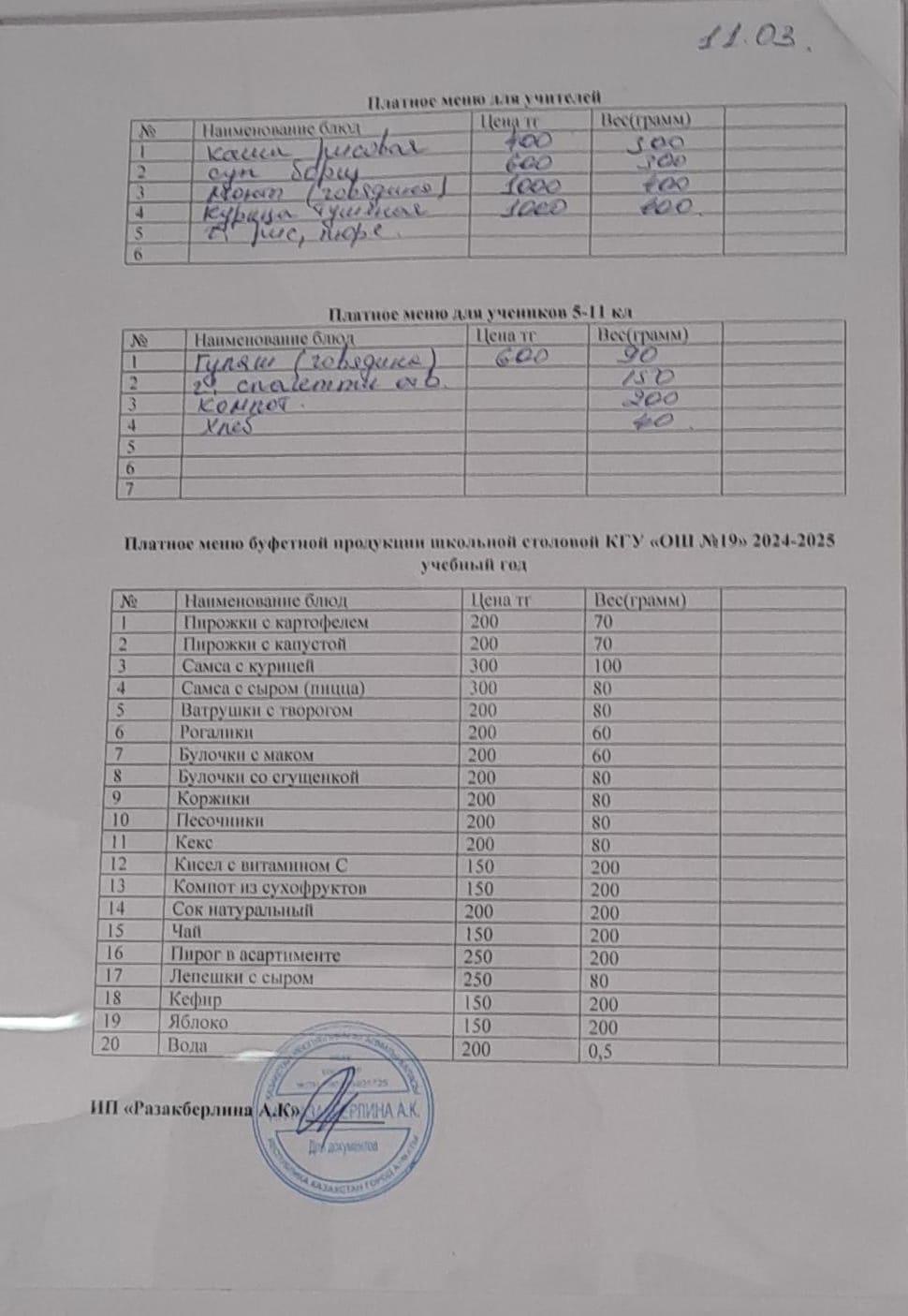 Күнделікті ақылы тамақтану мәзірі (11.03.2025)