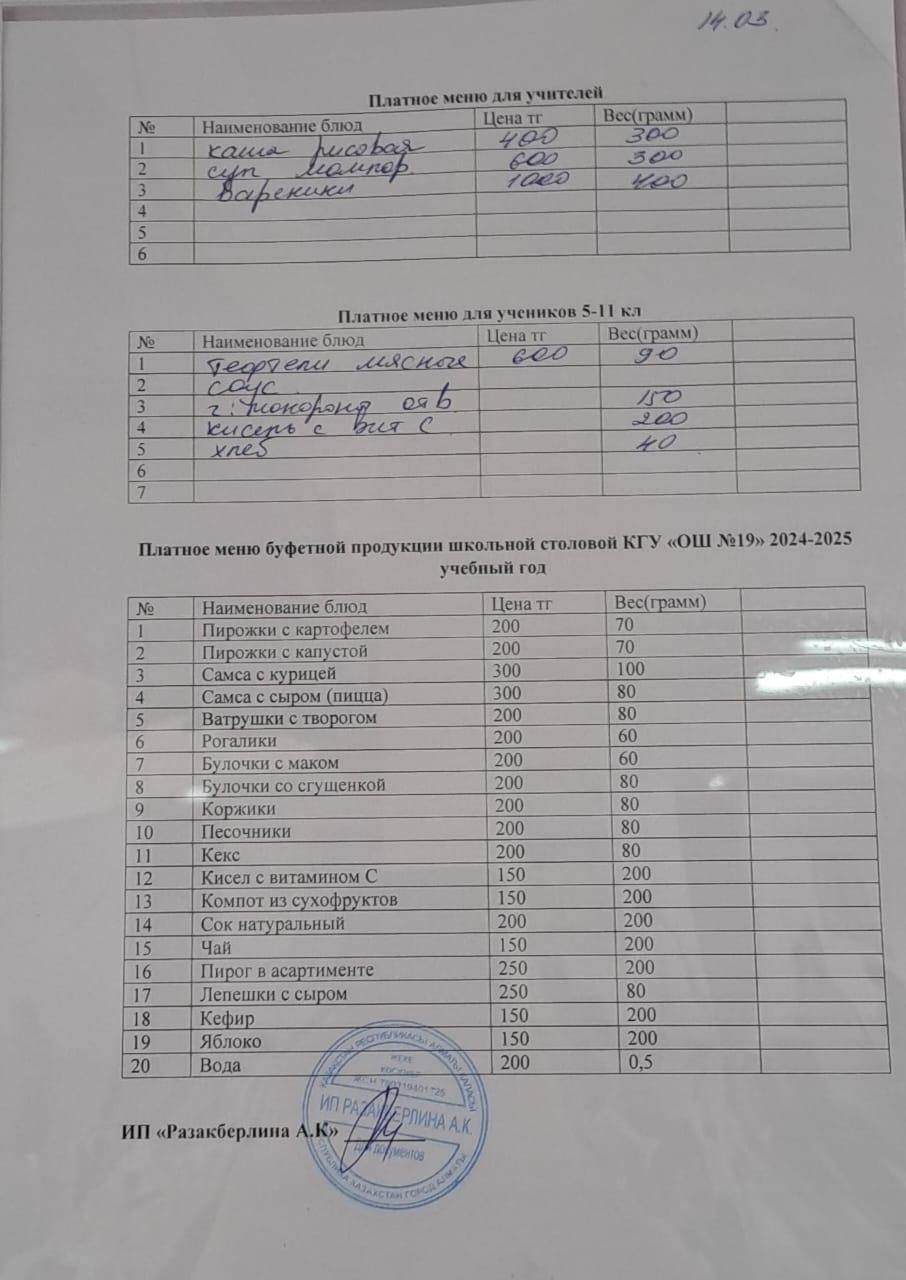 Күнделікті ақылы тамақтану мәзірі (14.03.2025)