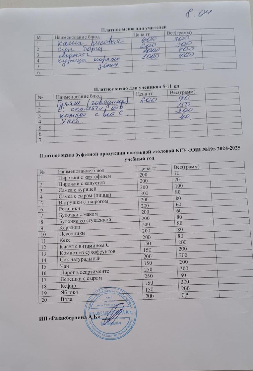 Күнделікті ақылы тамақтану мәзірі (08.04.2025)