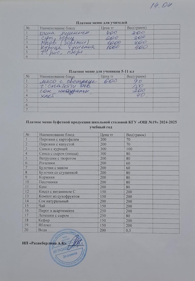 Күнделікті ақылы тамақтану мәзірі (14.04.2025)