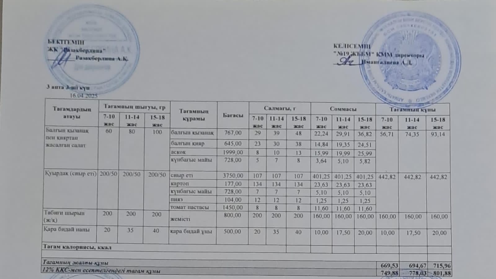 Күнделікті тегін тамақтану мәзірі (16.04.2025)