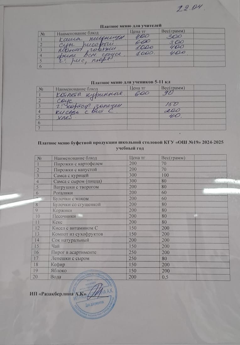 Күнделікті ақылы тамақтану мәзірі (22.04.2025)