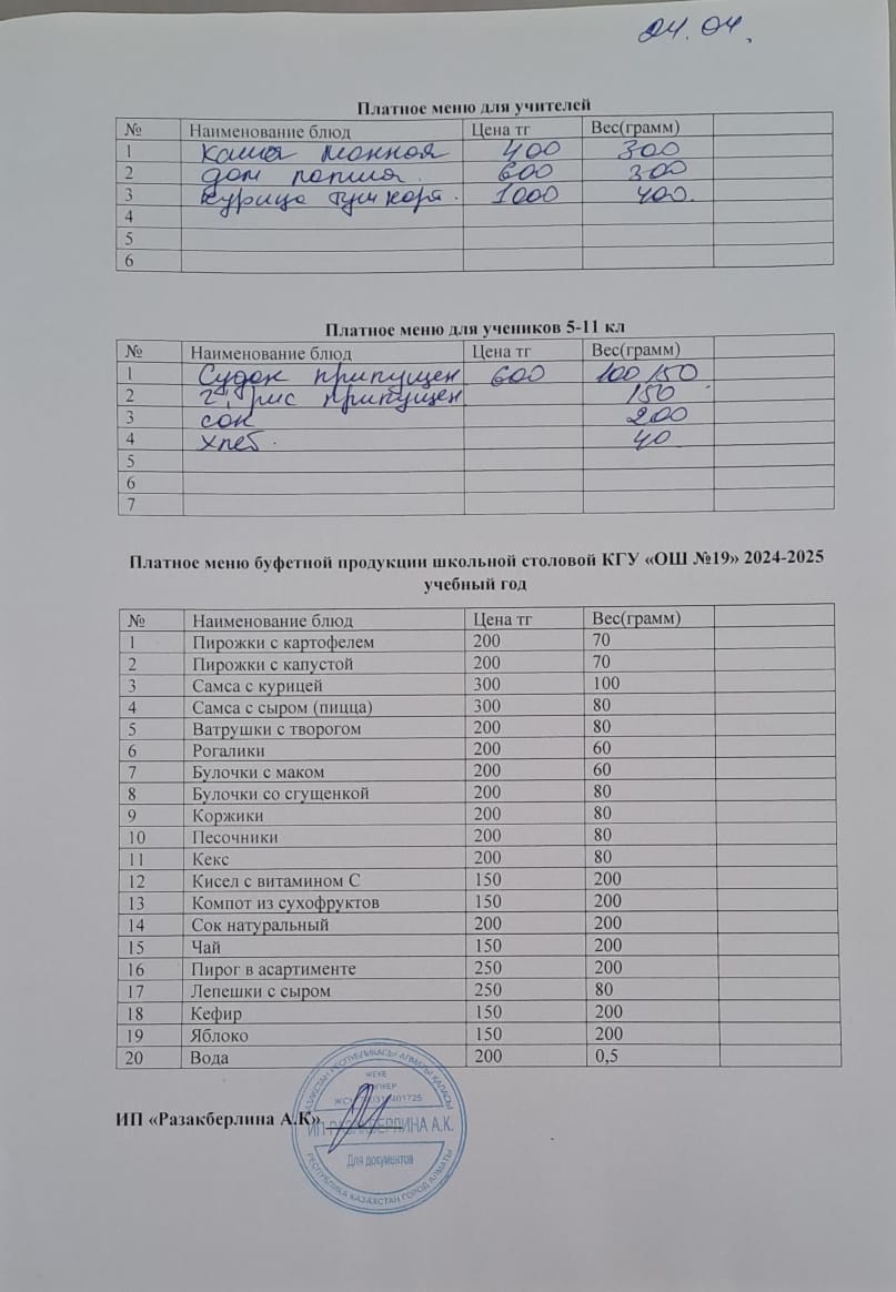 Күнделікті ақылы тамақтану мәзірі (24.04.2025)