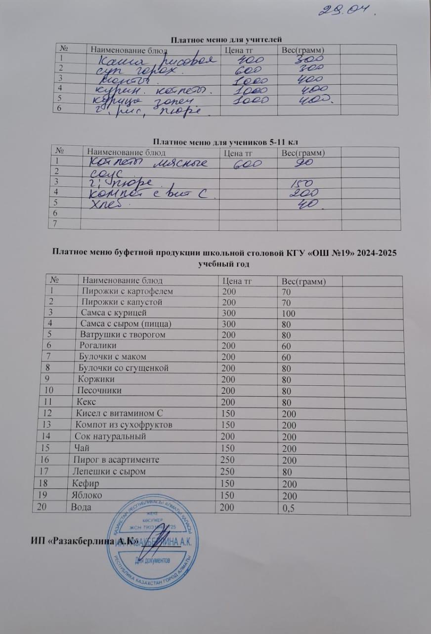 Күнделікті ақылы тамақтану мәзірі (29.04.2025)