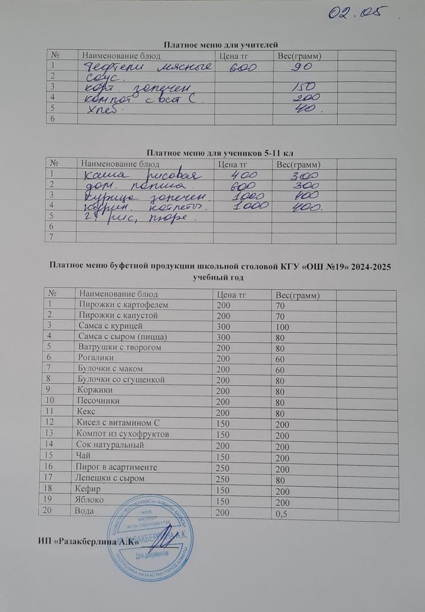 Күнделікті ақылы тамақтану мәзірі (02.05.2025)