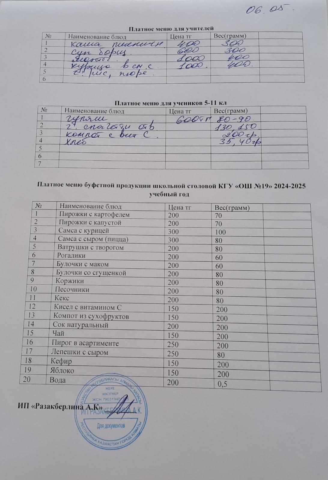 Күнделікті ақылы тамақтану мәзірі (06.05.2025)