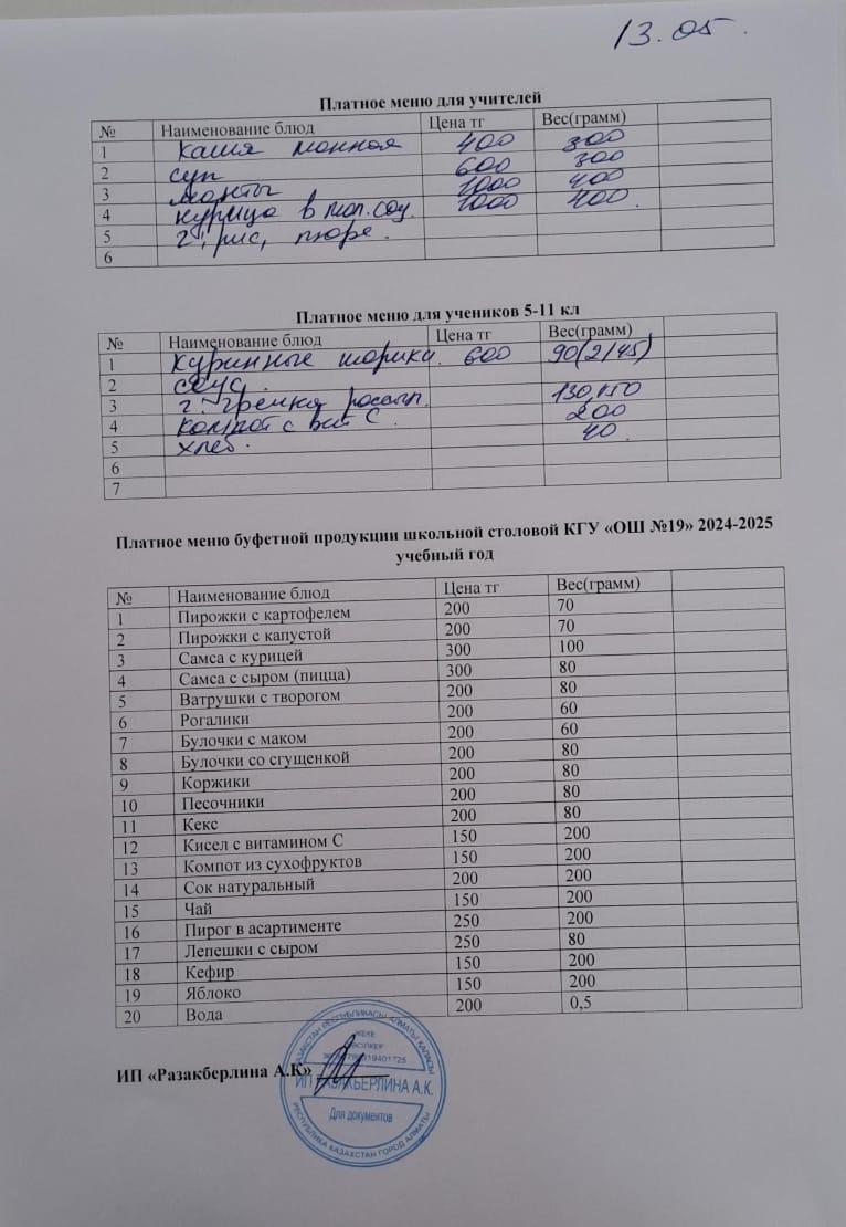 Күнделікті ақылы тамақтану мәзірі (13.05.2025)