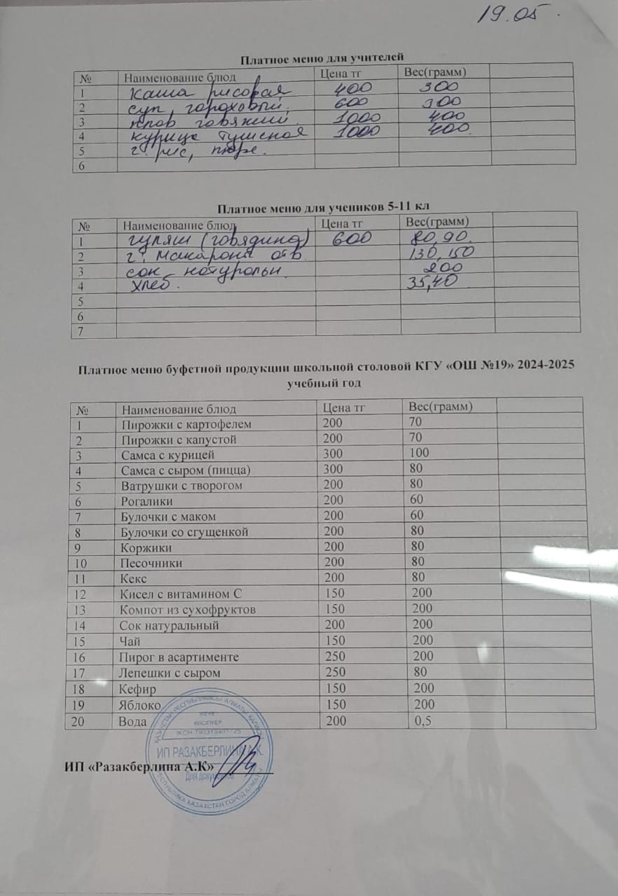 Күнделікті ақылы тамақтану мәзірі (19.05.2025)