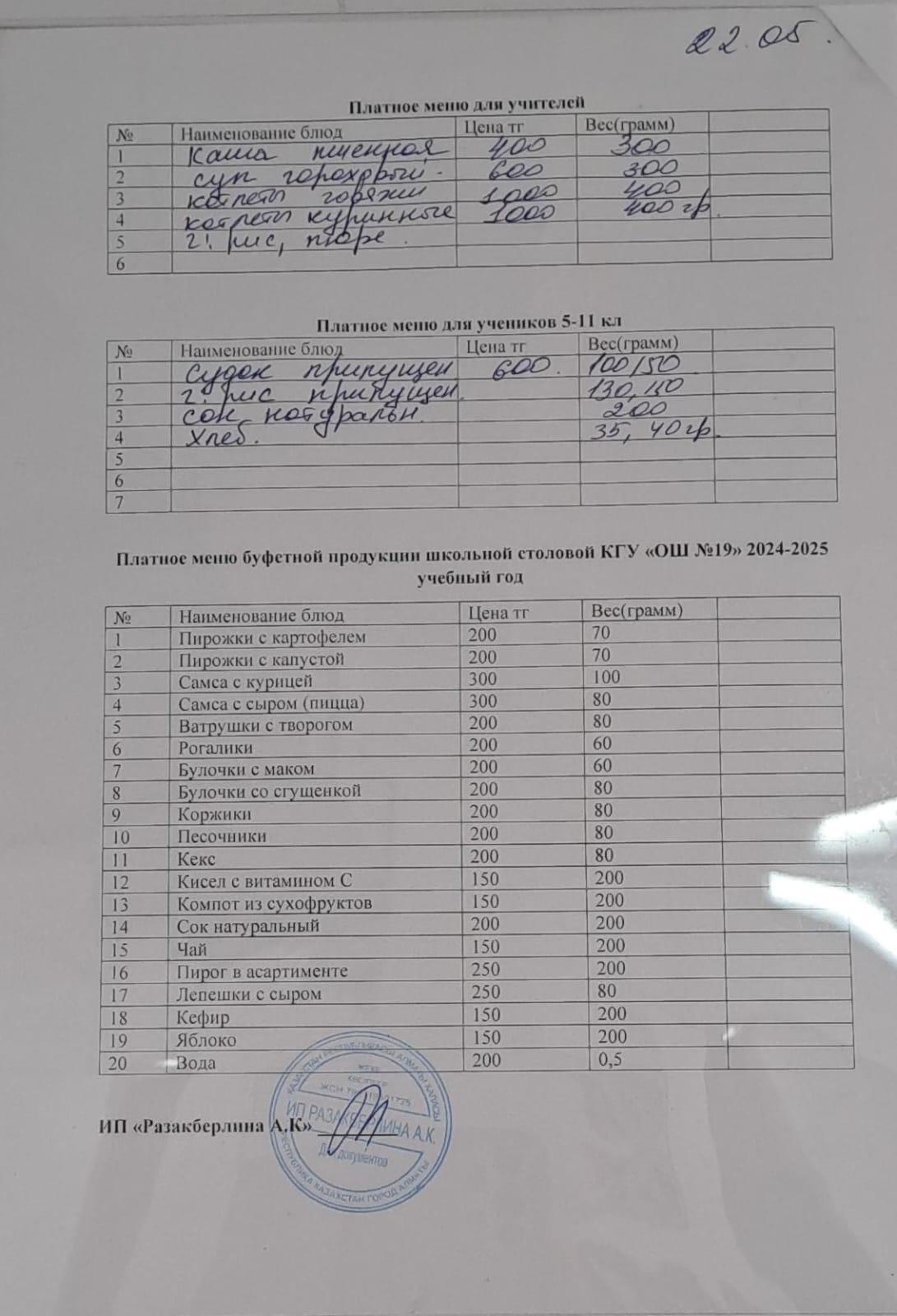 Күнделікті ақылы тамақтану мәзірі (22.05.2025)