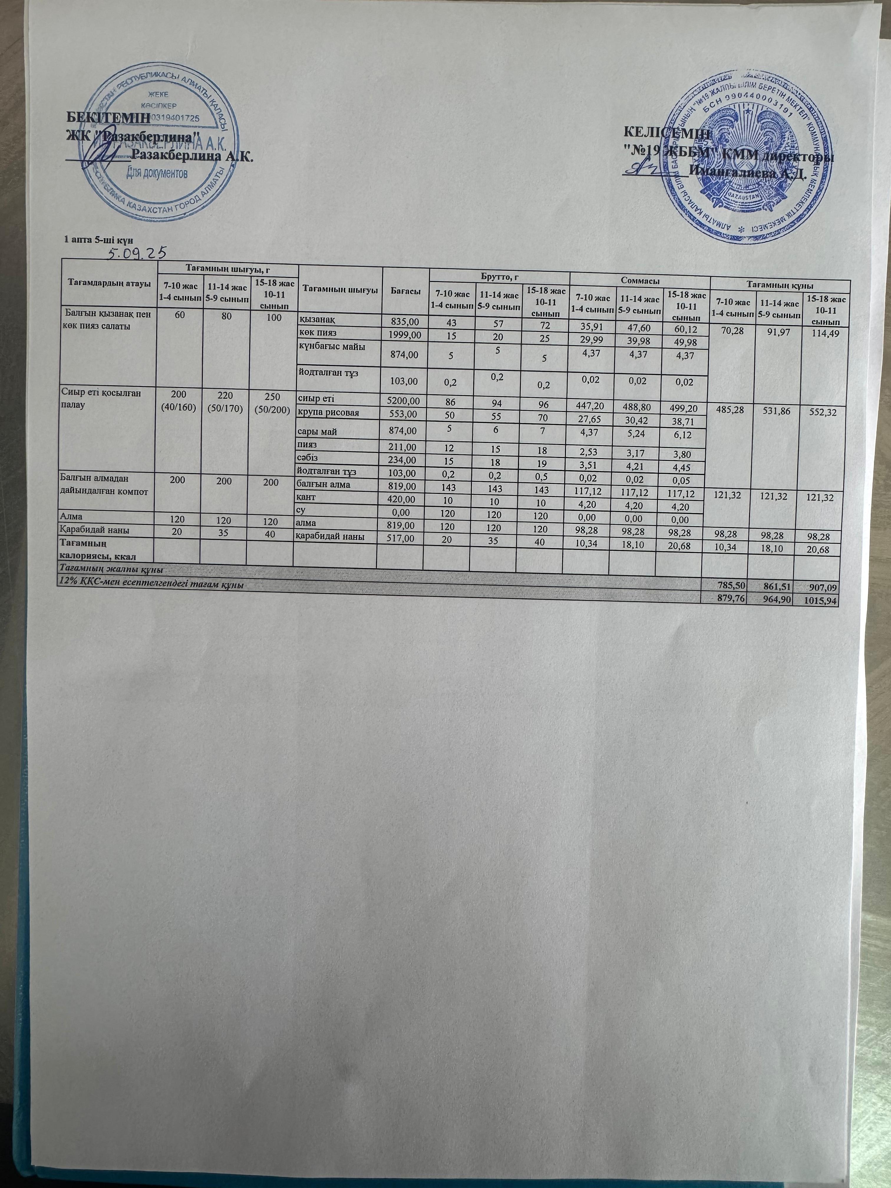 Күнделікті тегін тамақтану мәзірі (05.09.2025)