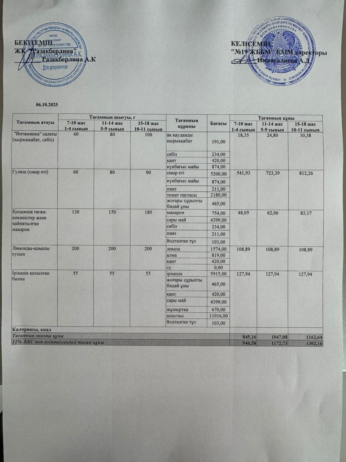 Күнделікті тегін тамақтану мәзірі (06.10.2025)