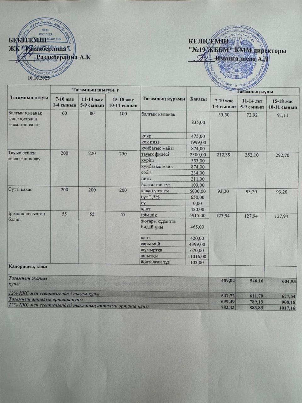 Күнделікті тегін тамақтану мәзірі (10.10.2025)