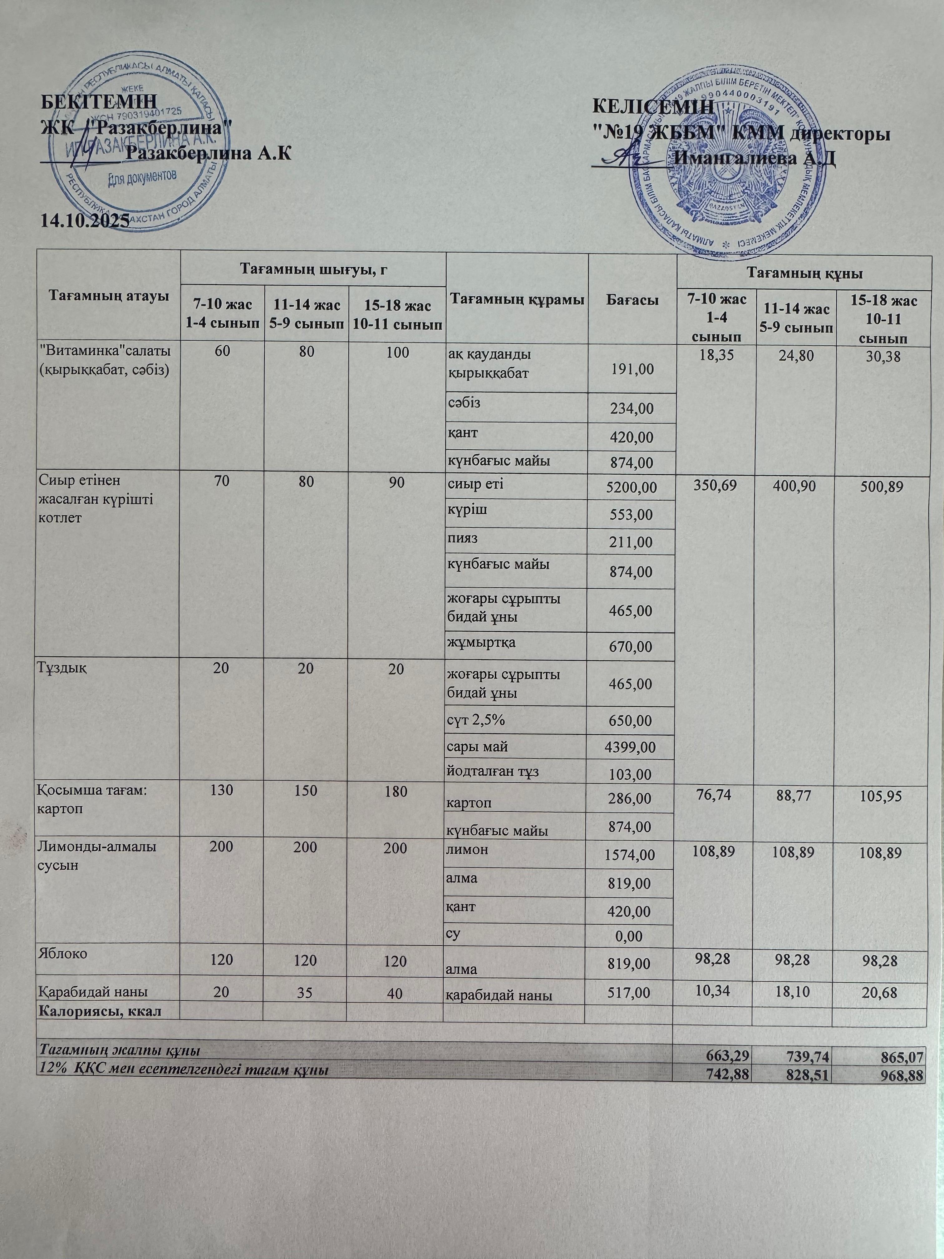 Күнделікті тегін тамақтану мәзірі (14.10.2025)