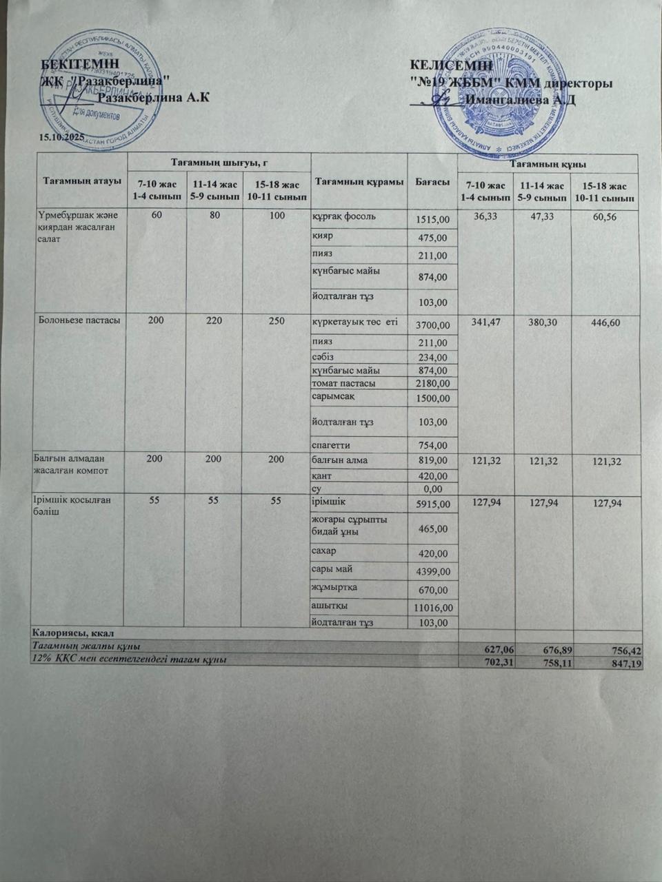Күнделікті тегін тамақтану мәзірі (15.10.2025)
