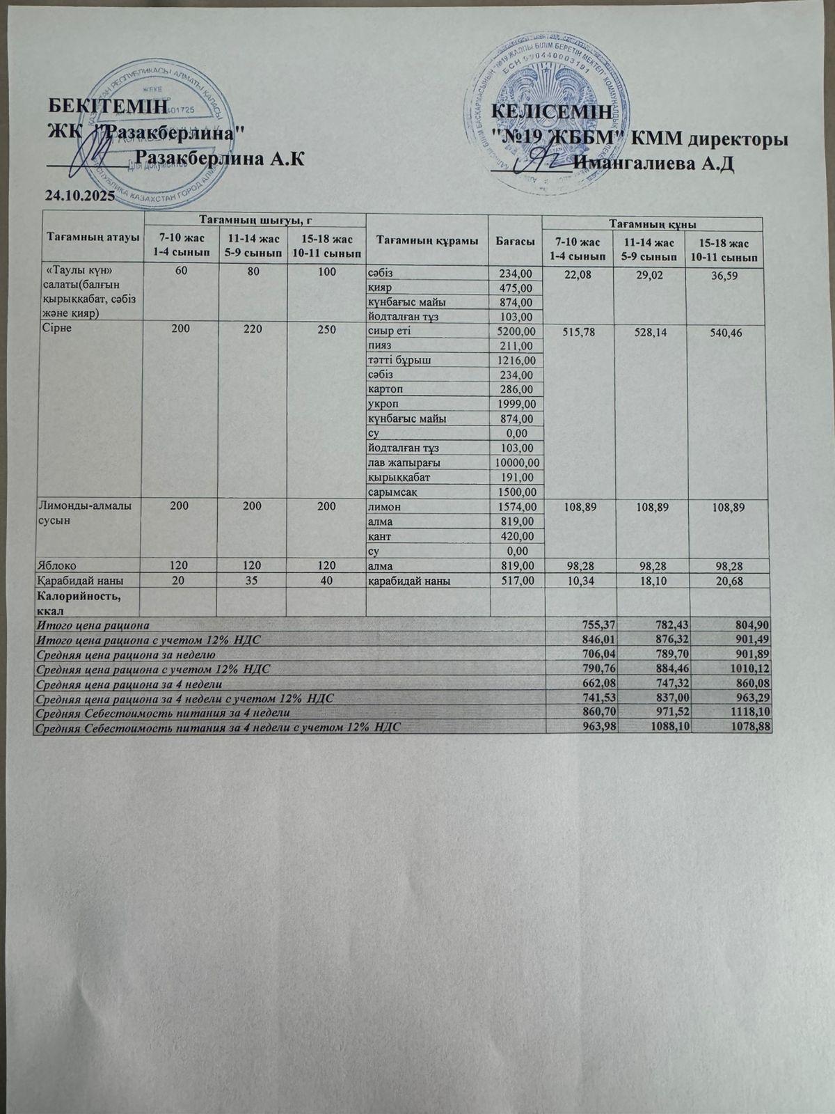Күнделікті тегін тамақтану мәзірі (24.10.2025)