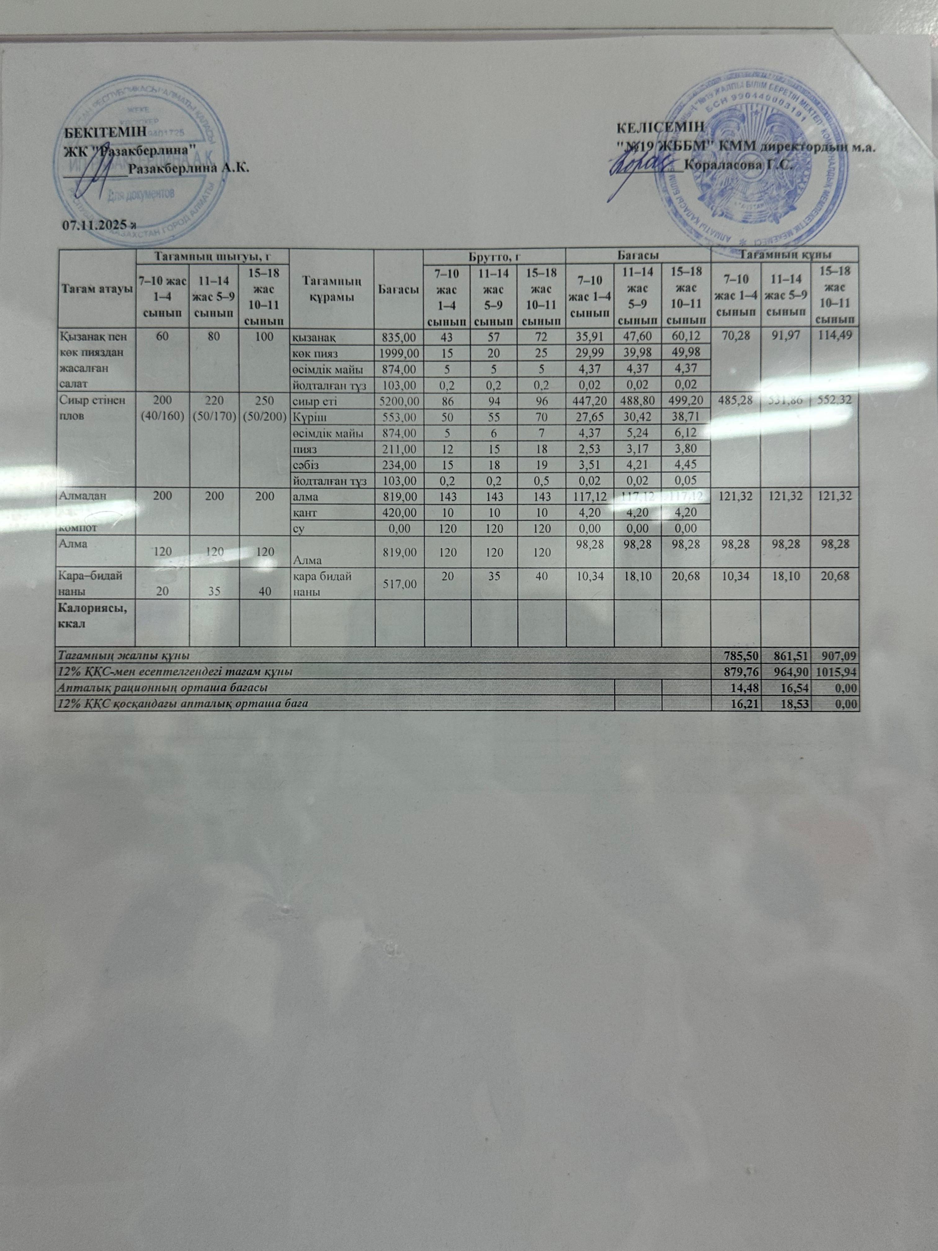 Күнделікті тегін тамақтану мәзірі (07.11.2025)