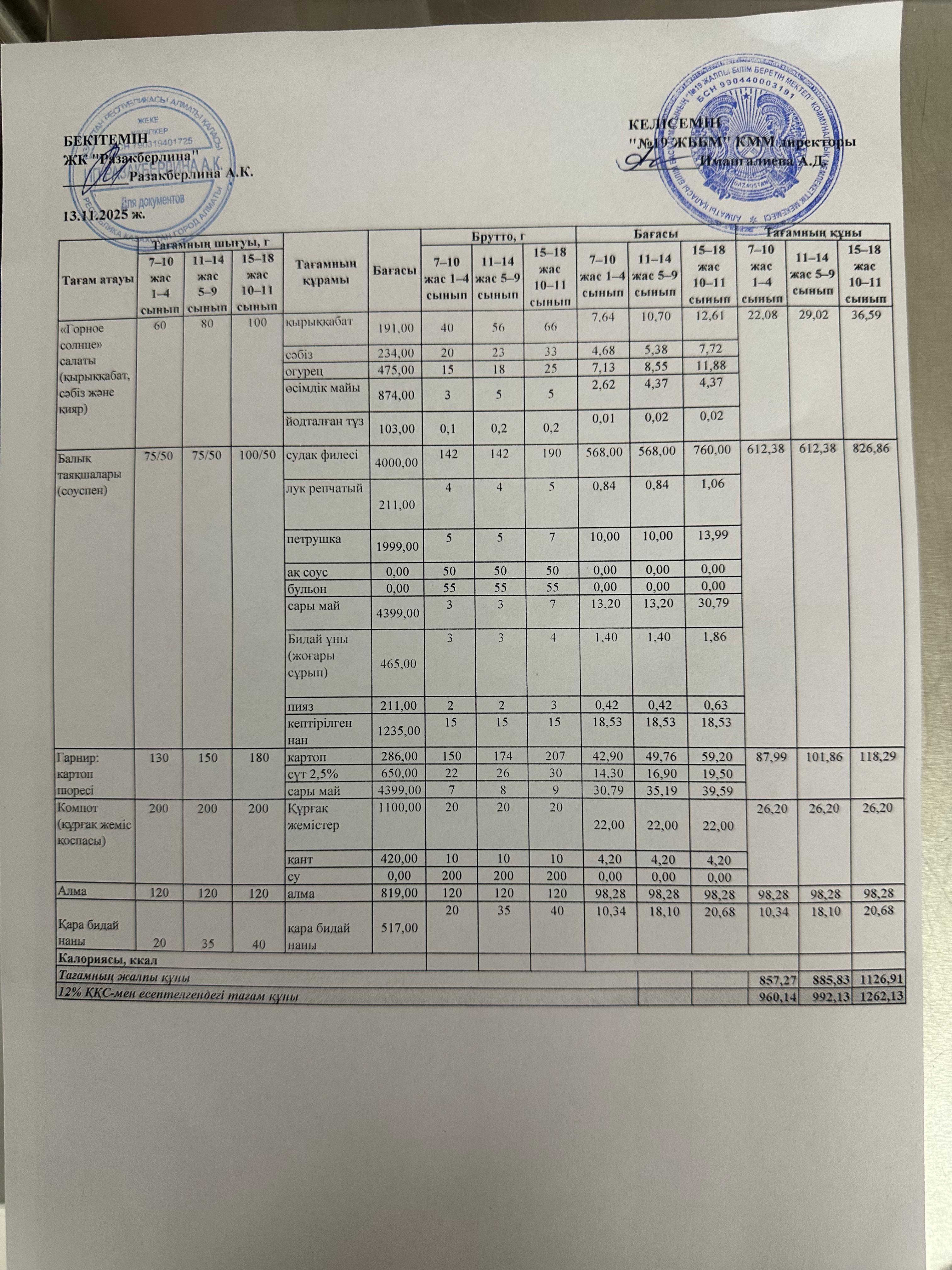 Күнделікті тегін тамақтану мәзірі (13.11.2025)