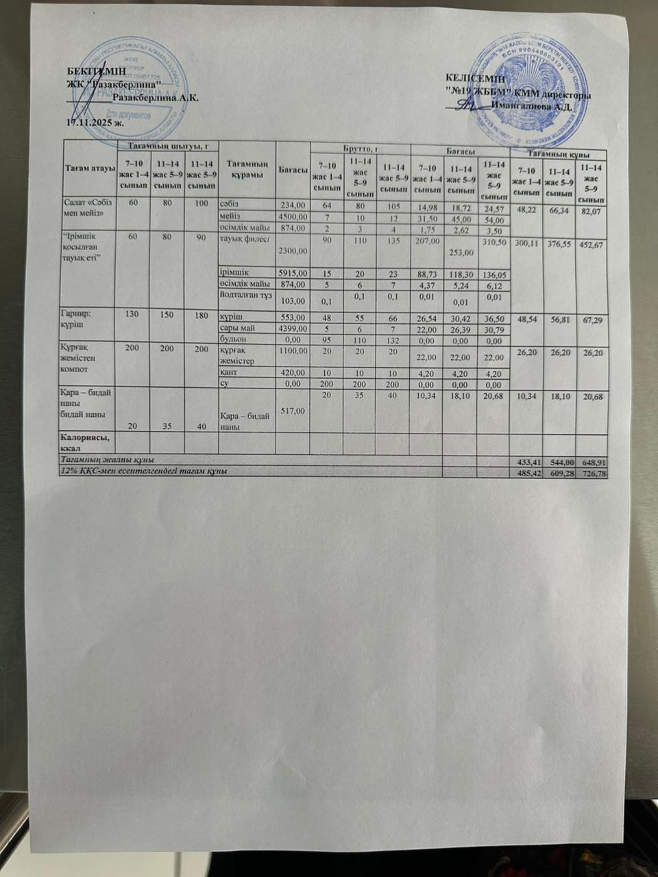 Күнделікті тегін тамақтану мәзірі (17.11.2025)