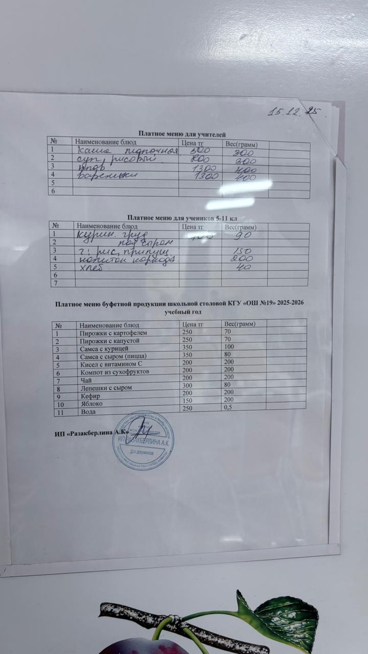 Күнделікті ақылы тамақтану мәзірі (15.12.2025)