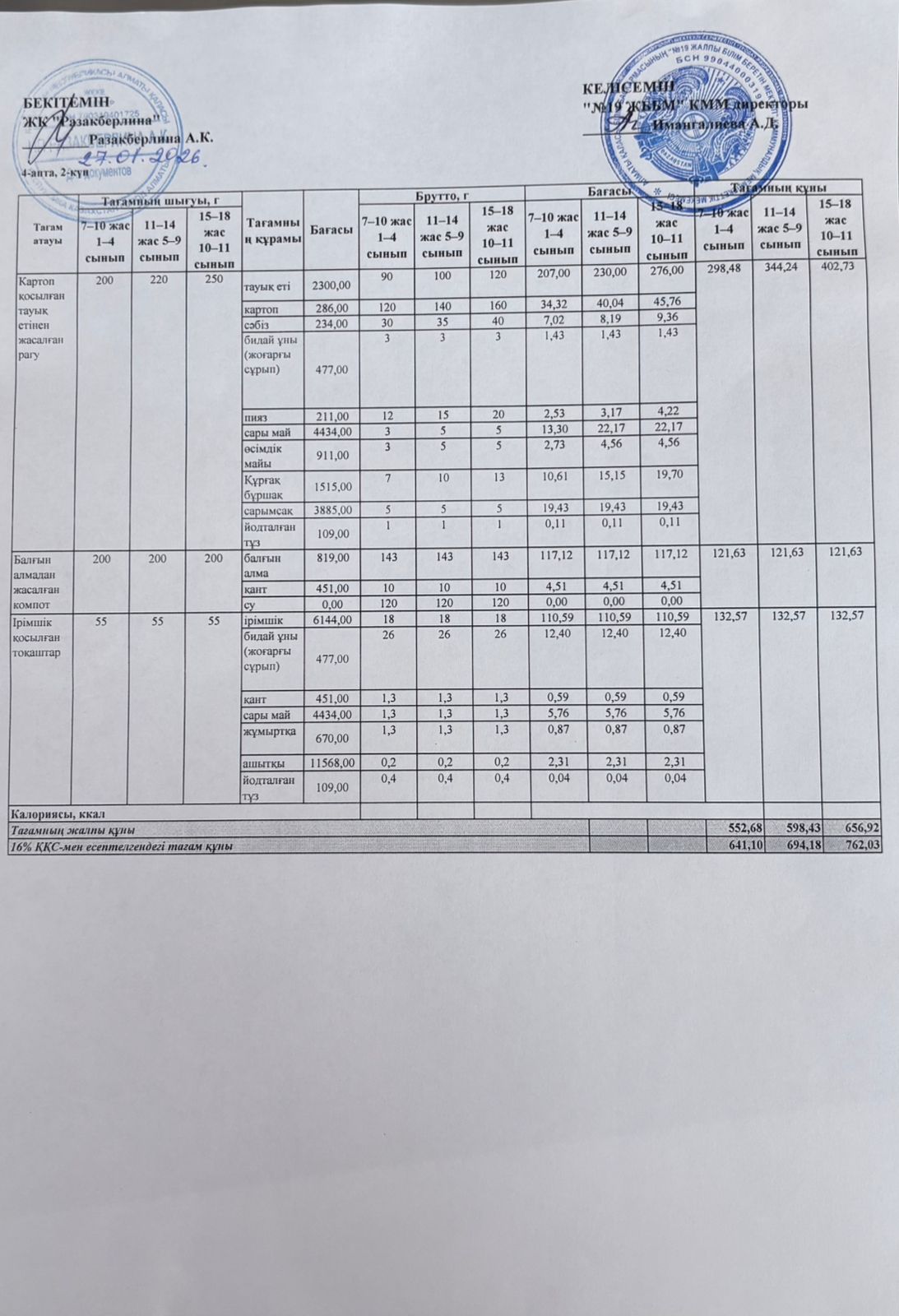 Күнделікті тегін тамақтану мәзірі (27.01.2026)
