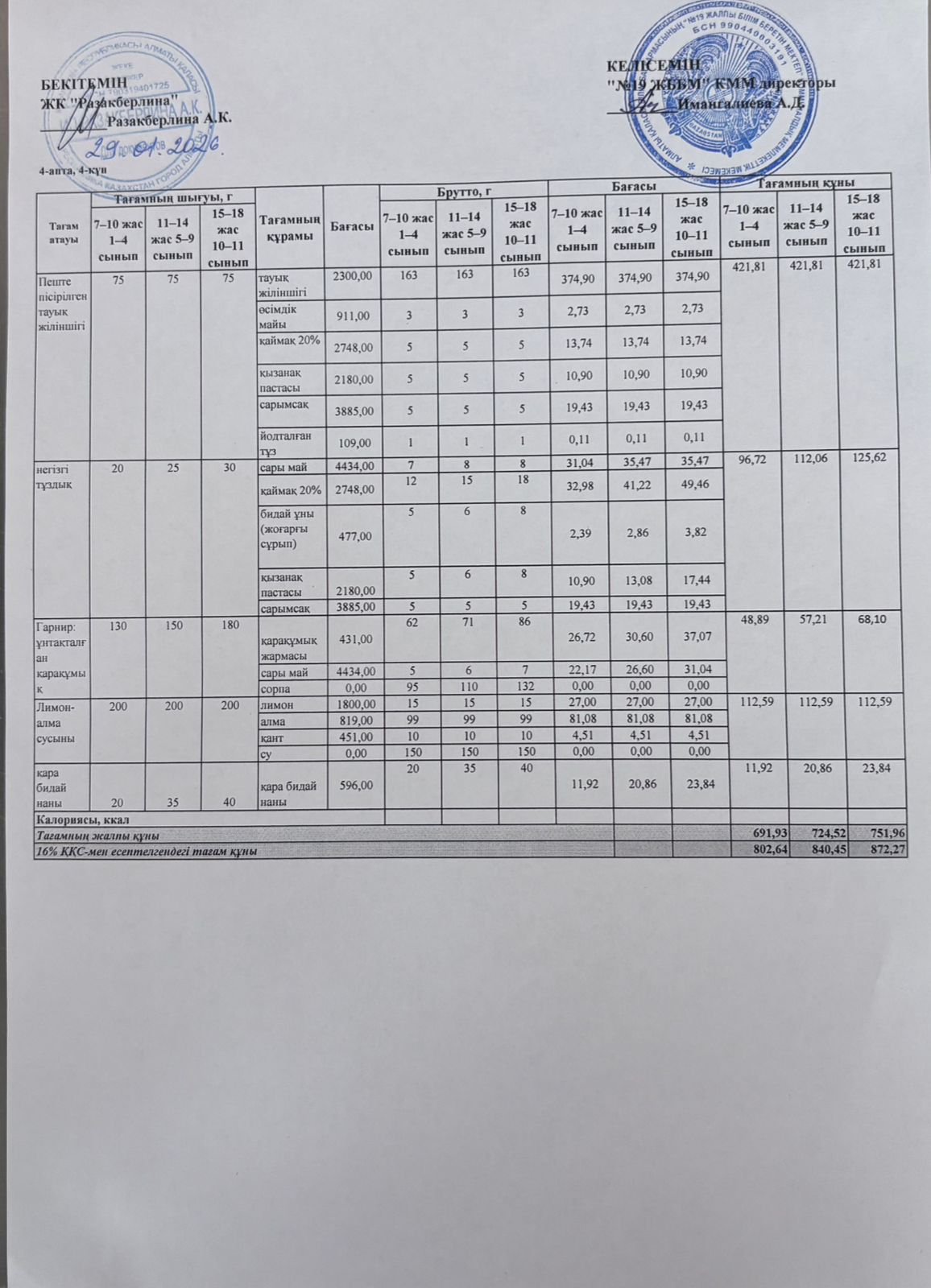 Күнделікті тегін тамақтану мәзірі (29.01.2026)