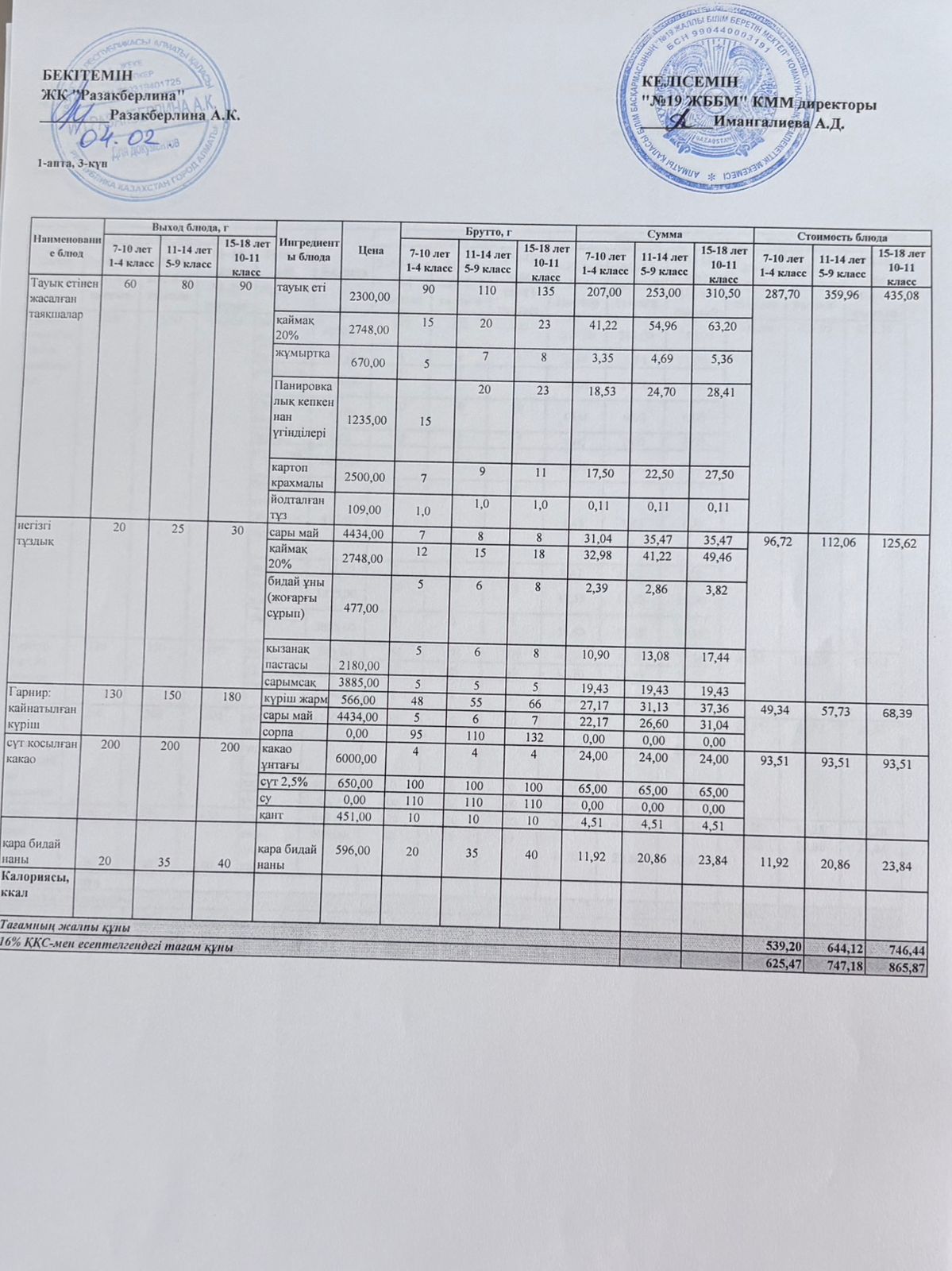 Күнделікті тегін тамақтану мәзірі (04.02.2026)