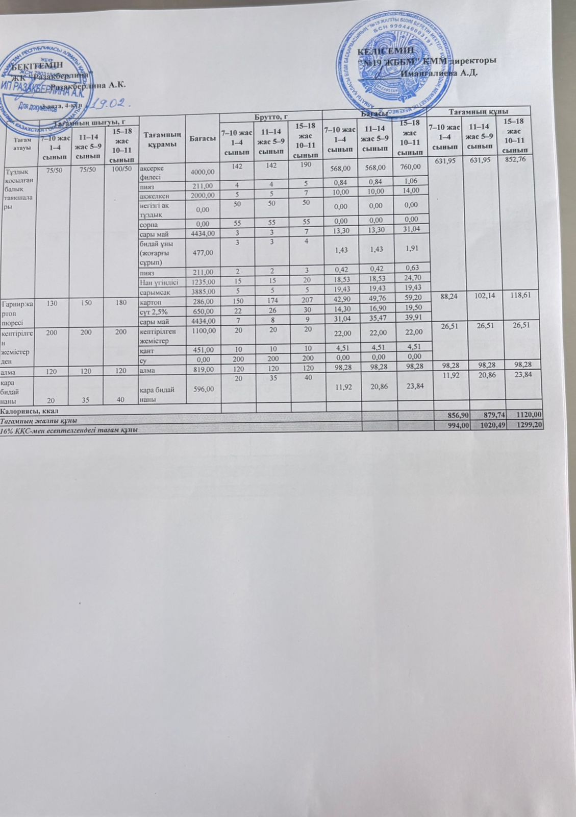 Күнделікті тегін тамақтану мәзірі (19.02.2026)