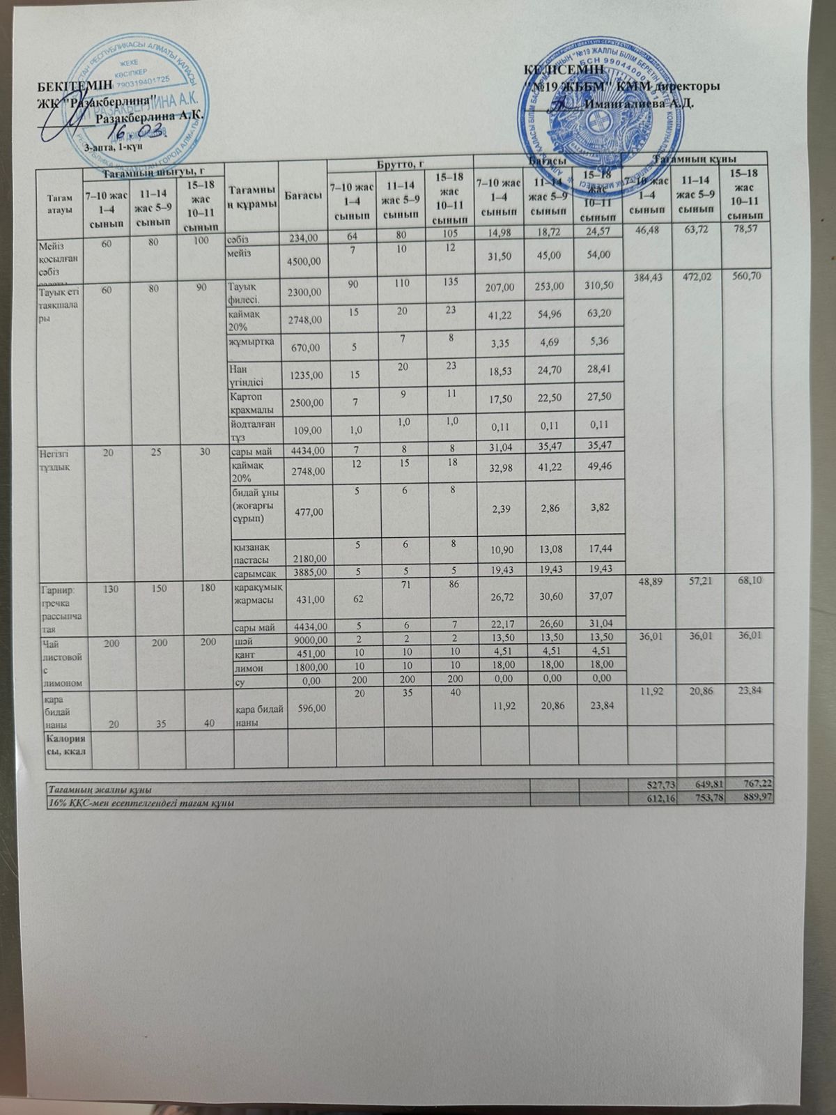 Күнделікті тегін тамақтану мәзірі (16.03.2026)